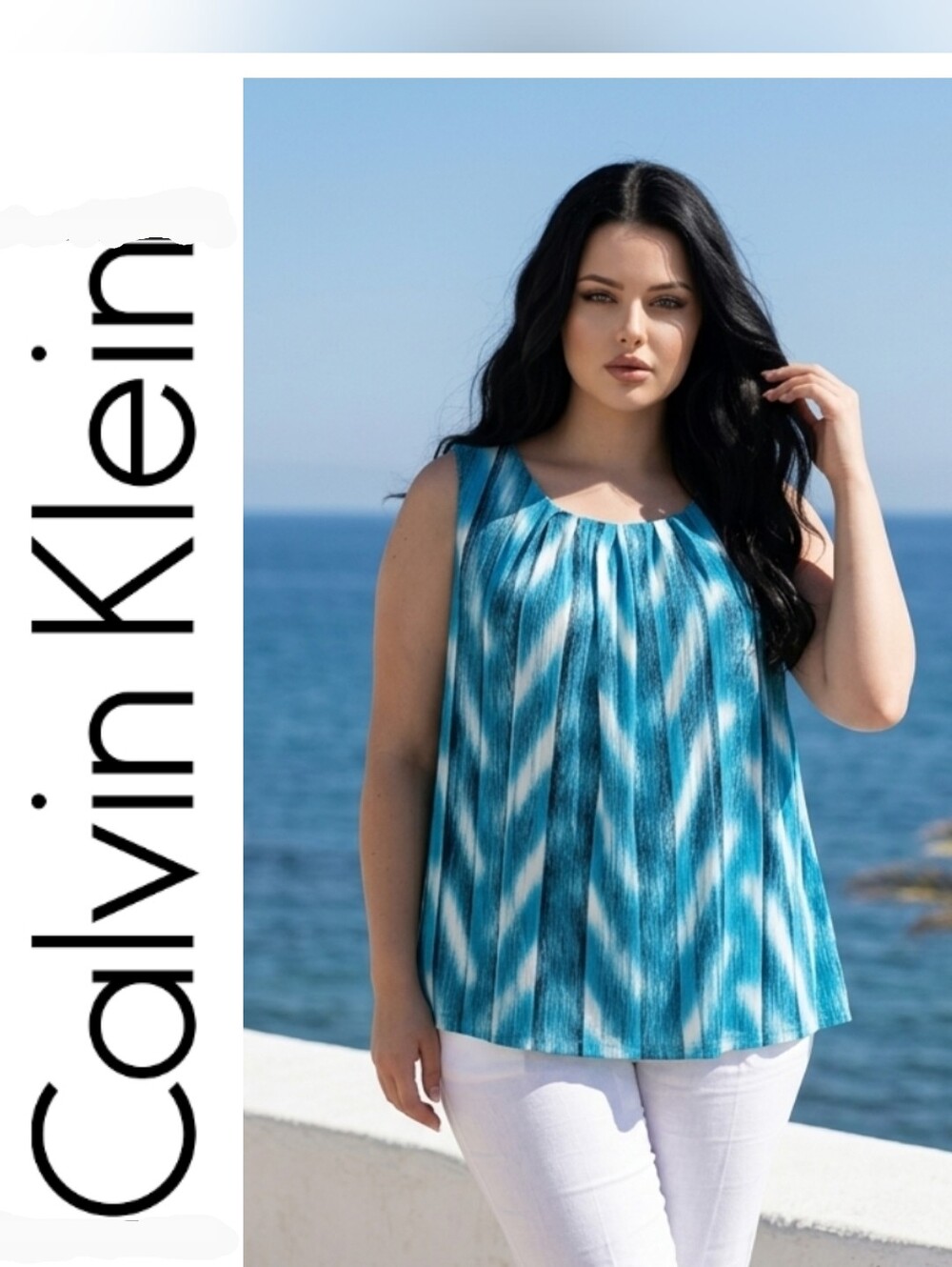 Calvin Klein Teal and White Patterned Sleeveless Blouse